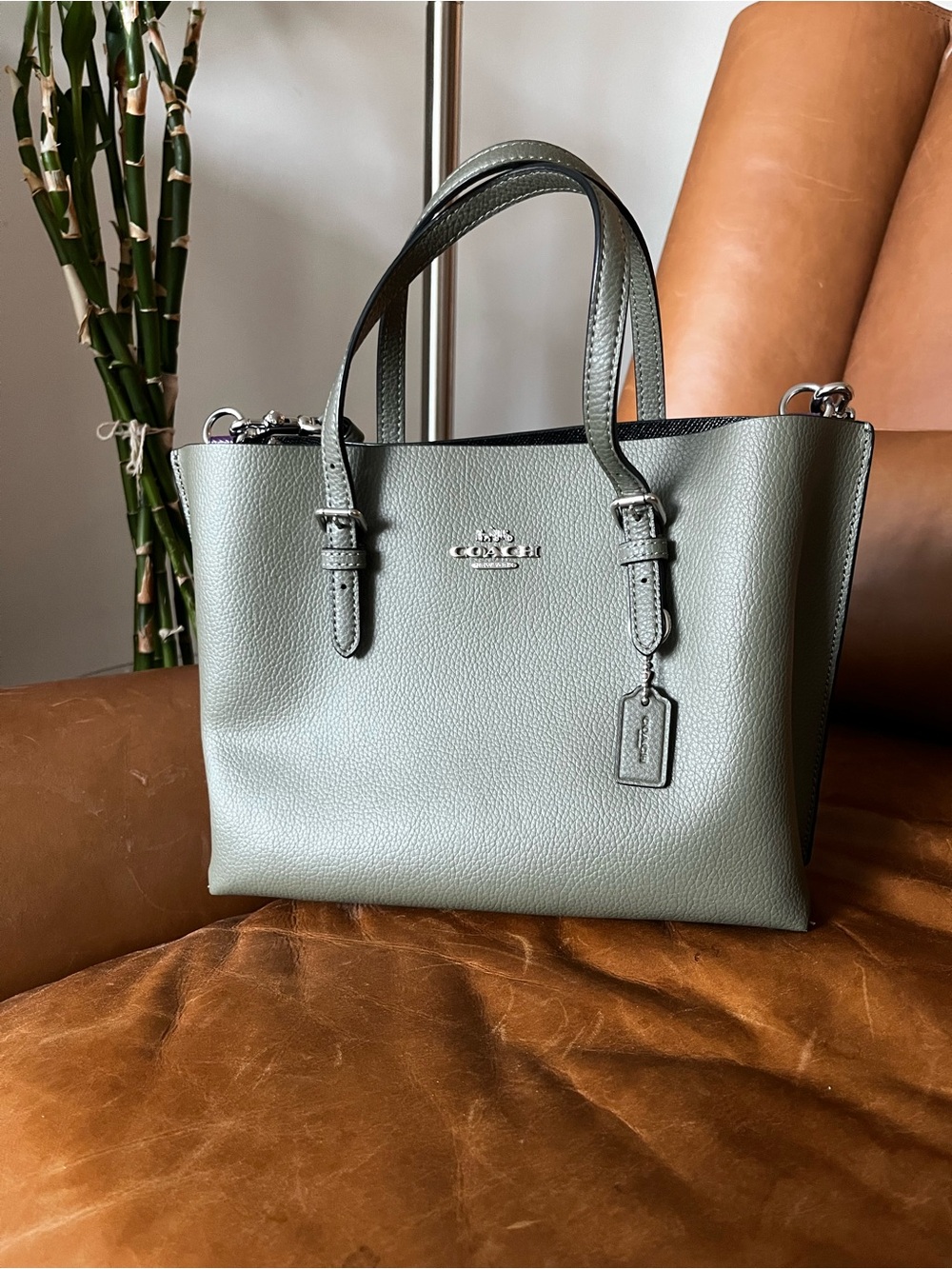 NWT Coach Mollie Tote 25 - Pebbled Leather Tote Bag in Sage Green